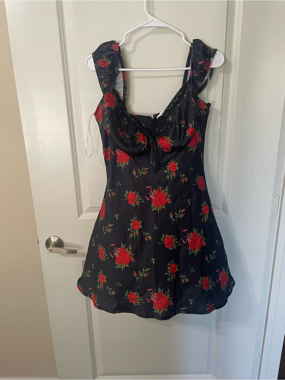Rare London Black Rose Floral Corset Mini Dress | Size L | Smocked Back